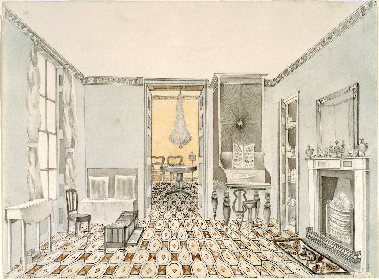 Utsikt over en salong, ca. 1835-40 (blyant, blekk og wc på papir) av Unbekannt Unbekannt
