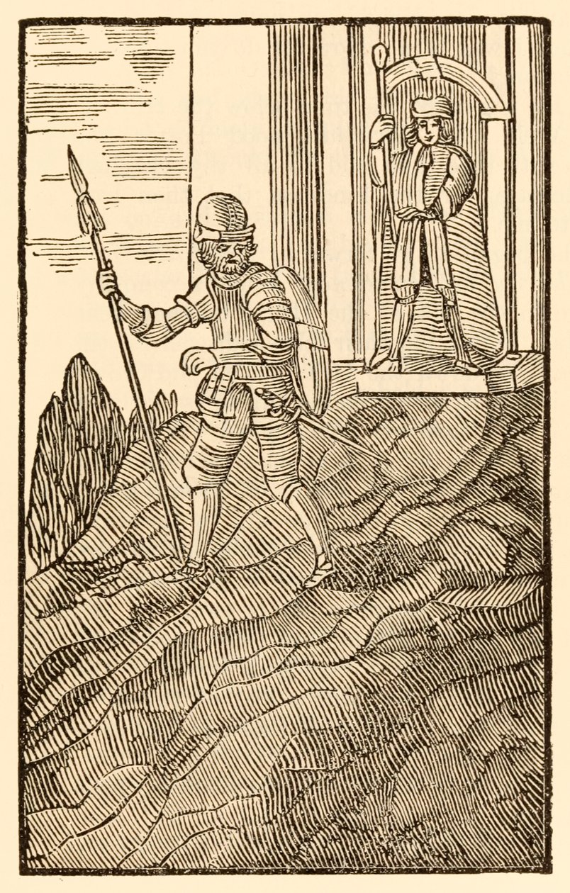 "Mens Christian er blant sine gudfryktige venner ... Han er glad for nordlig stål fra topp til tå." fra "The Pilgrim