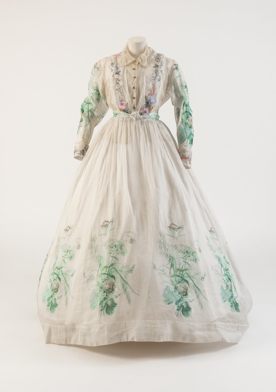 Hvit bomullsmuslinkjole med grønt blomstermønster, 1860-tallet (bomull) av Unbekannt Unbekannt