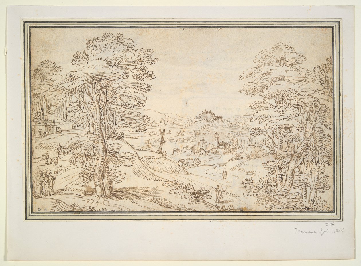 Landskap (rekto); Utsikt over en by (verso) av Unknown