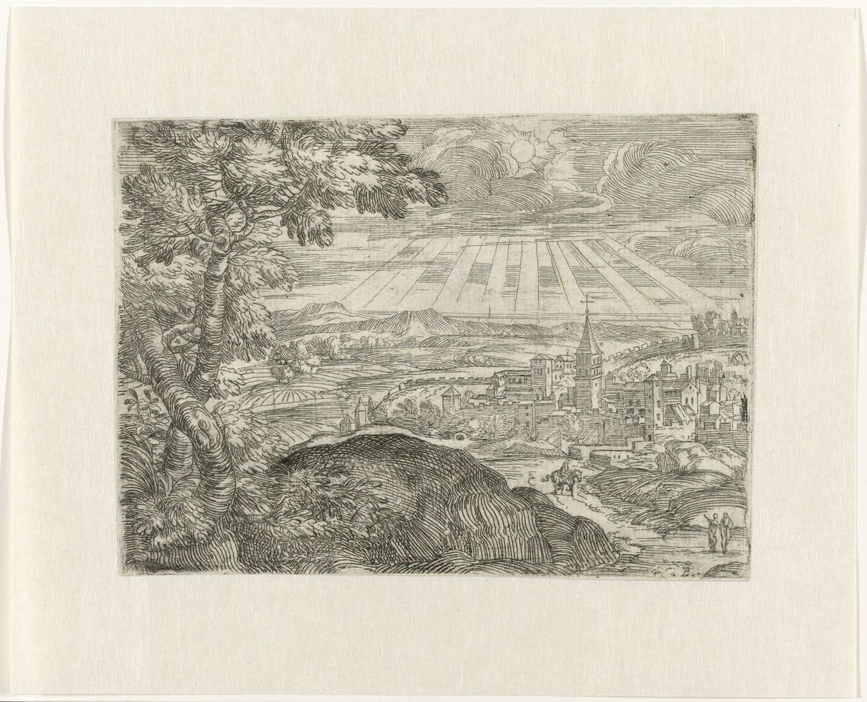 Landskap med byutsikt og skinnende sol av Unknown