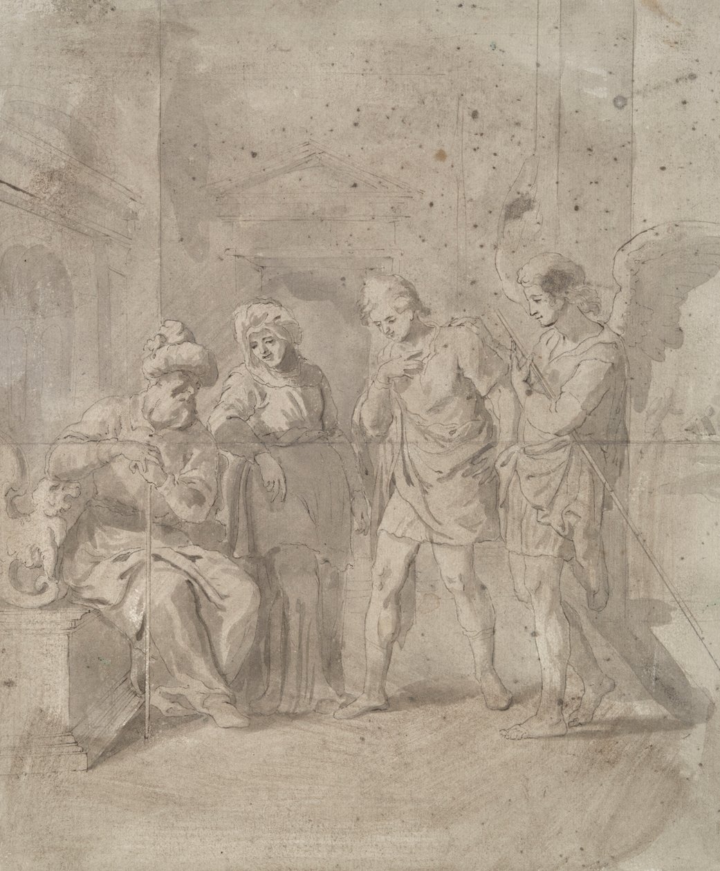 Tobit og engelen forlater sine foreldre av Unknown