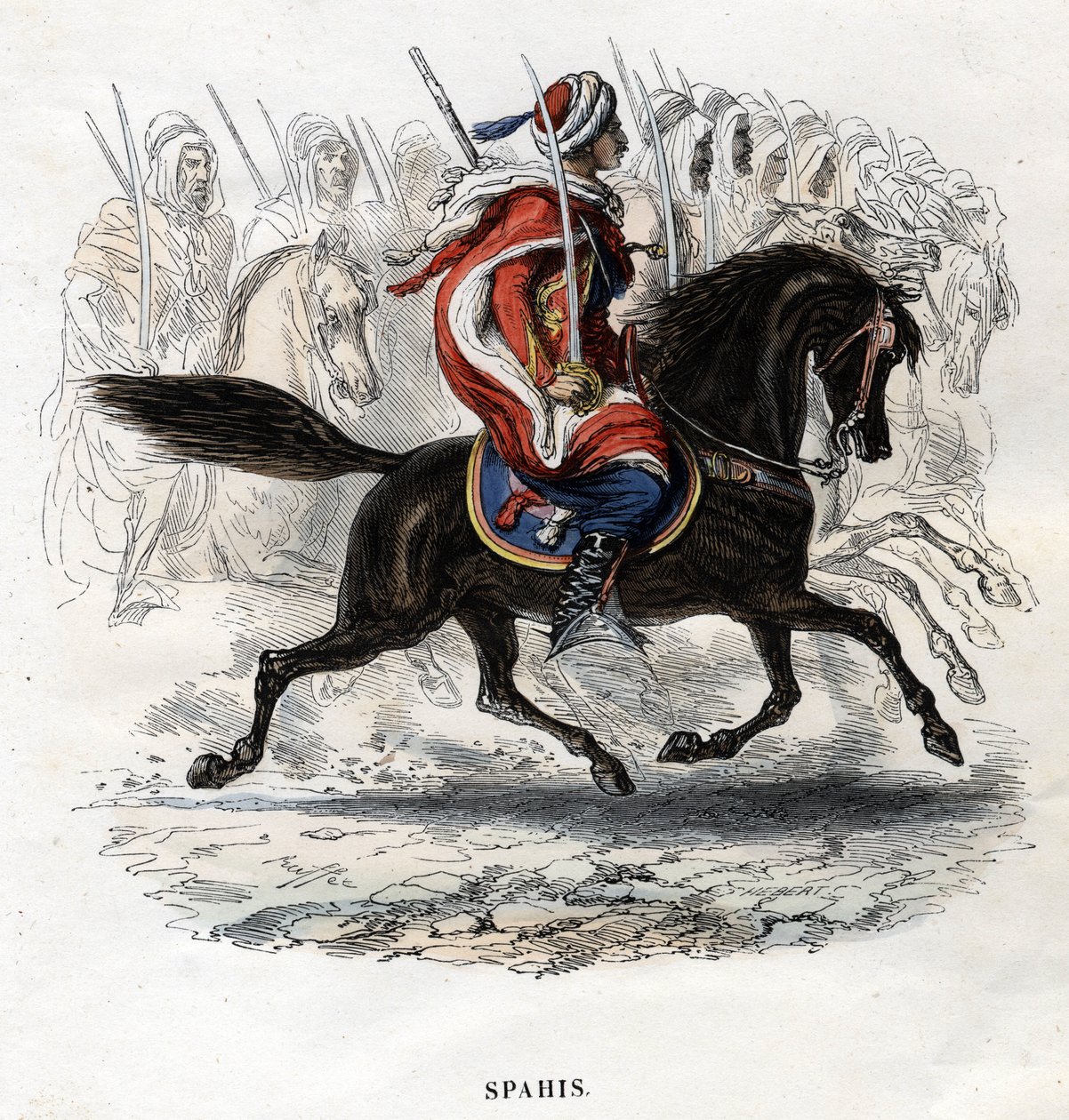 Horseback Spahis. Engraving from 1844. av Unknown artist
