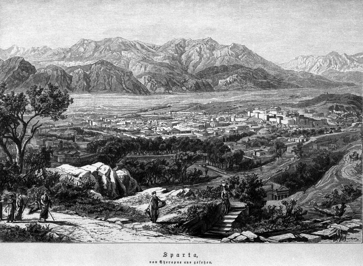 Utsikt over Sparta. 1800-talls gravering. av Unknown artist