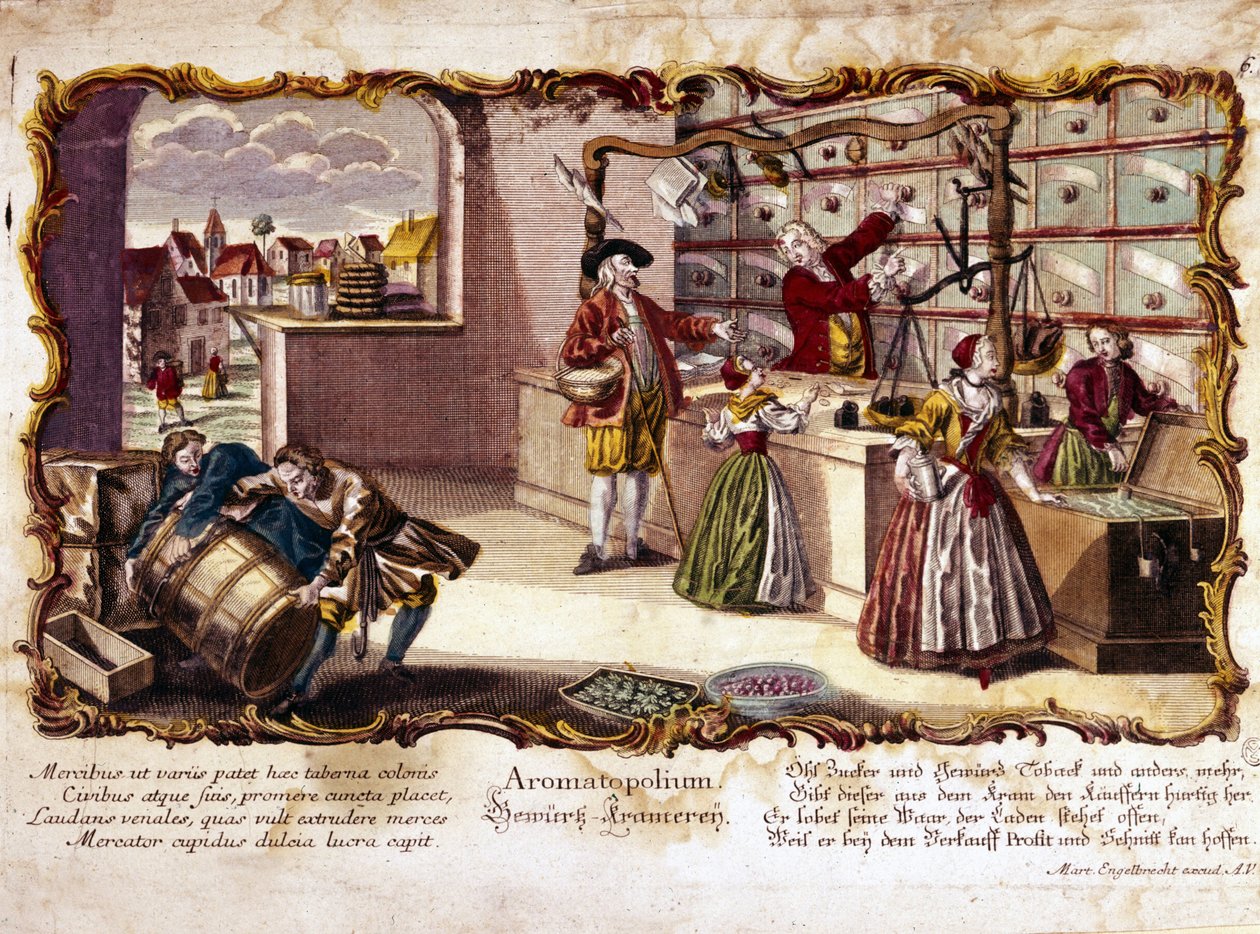 Gravering fra 1700-tallet som representerer et parfymeri. av Unknown artist