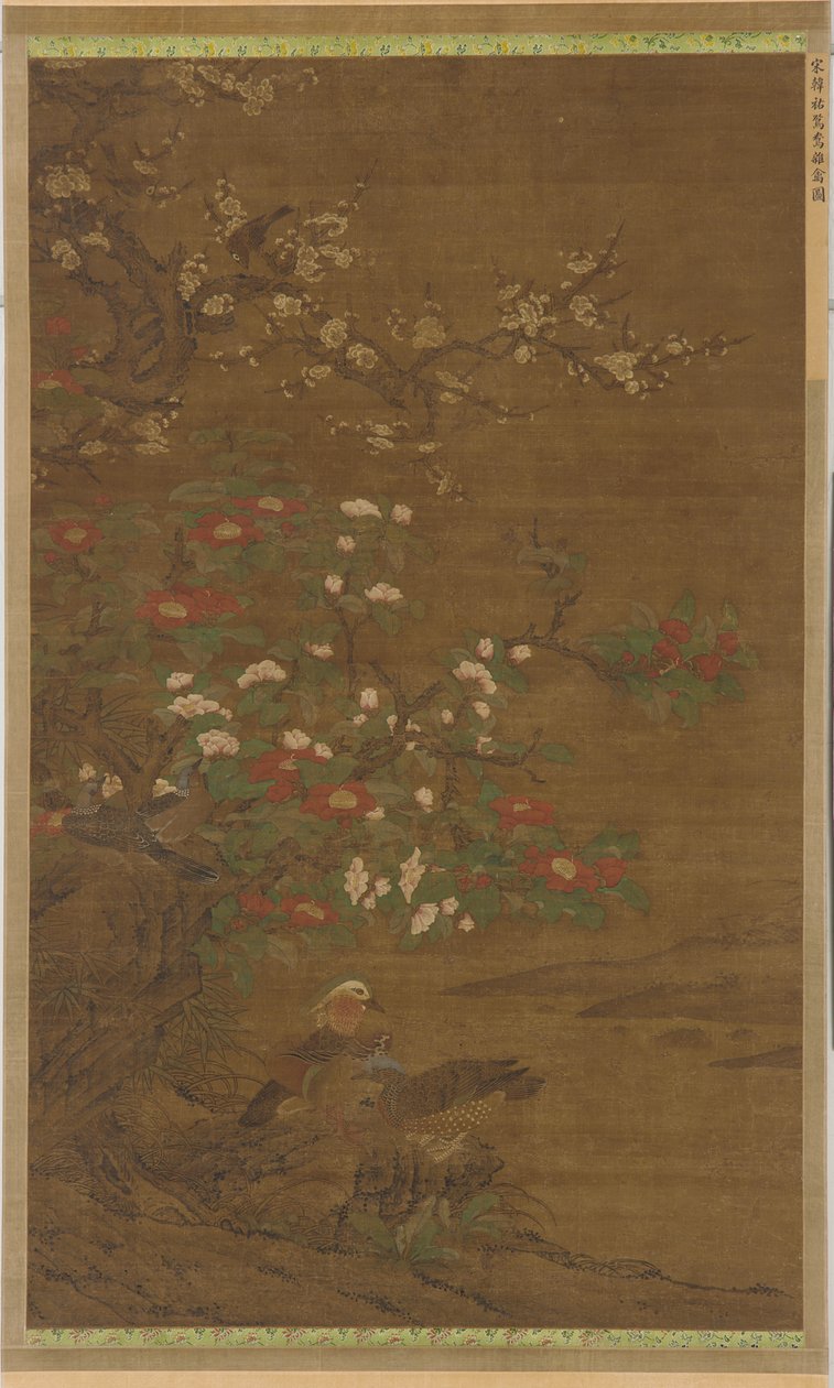 Plommeblomster, kameliaer og mandarinender av Unknown artist