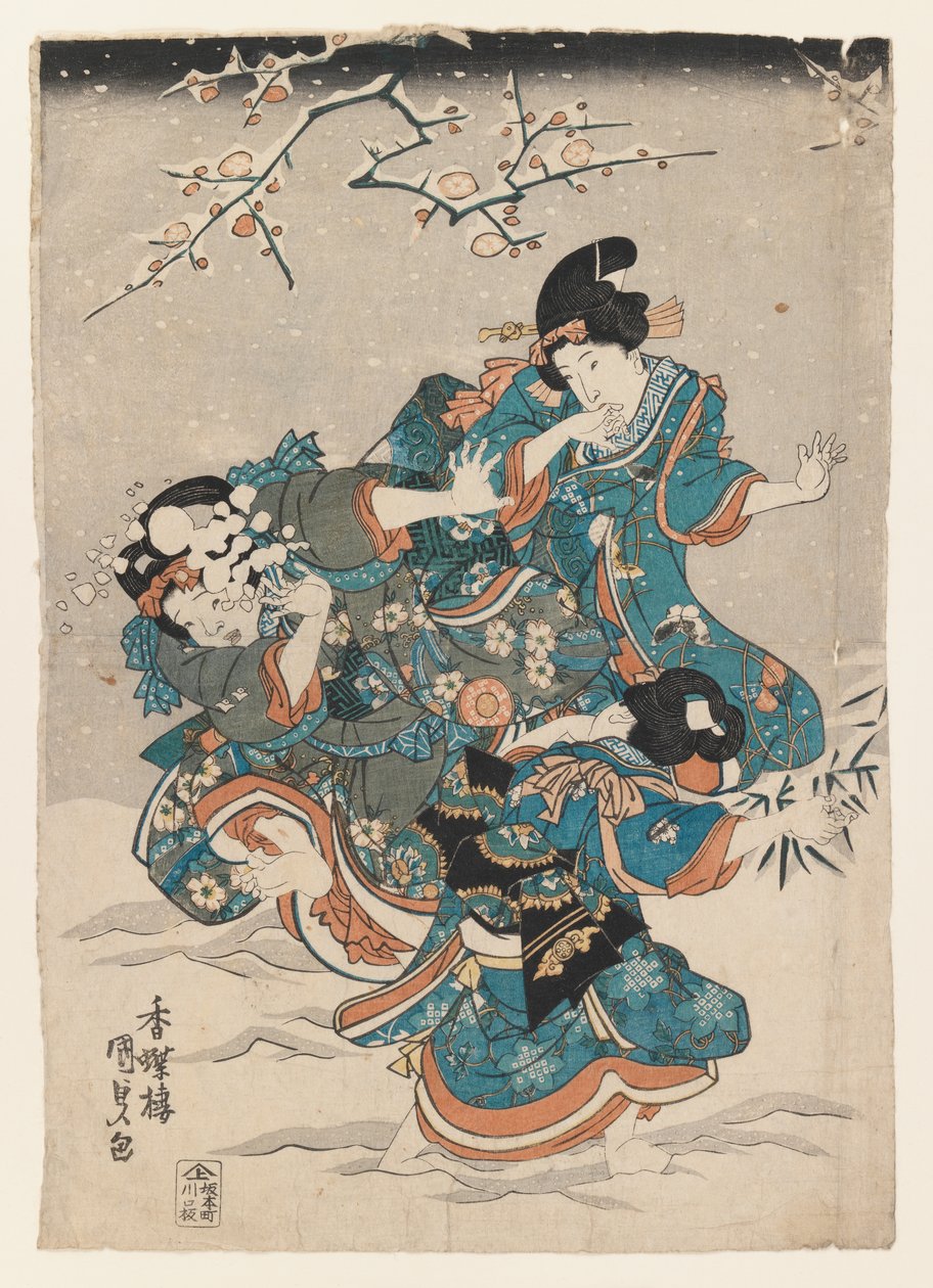 Snow Scene (farget treblokktrykk) av Utagawa 1786 1864 Kunisada