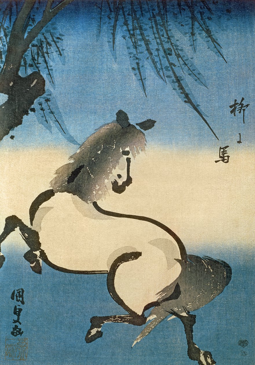 En hest som galopperer under et piletre, (farget treblokktrykk) av Utagawa Kunisada