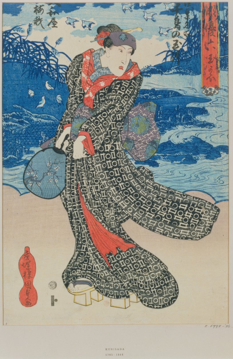 Japansk kvinne ved sjøen (farget treblokktrykk) av Utagawa Kunisada