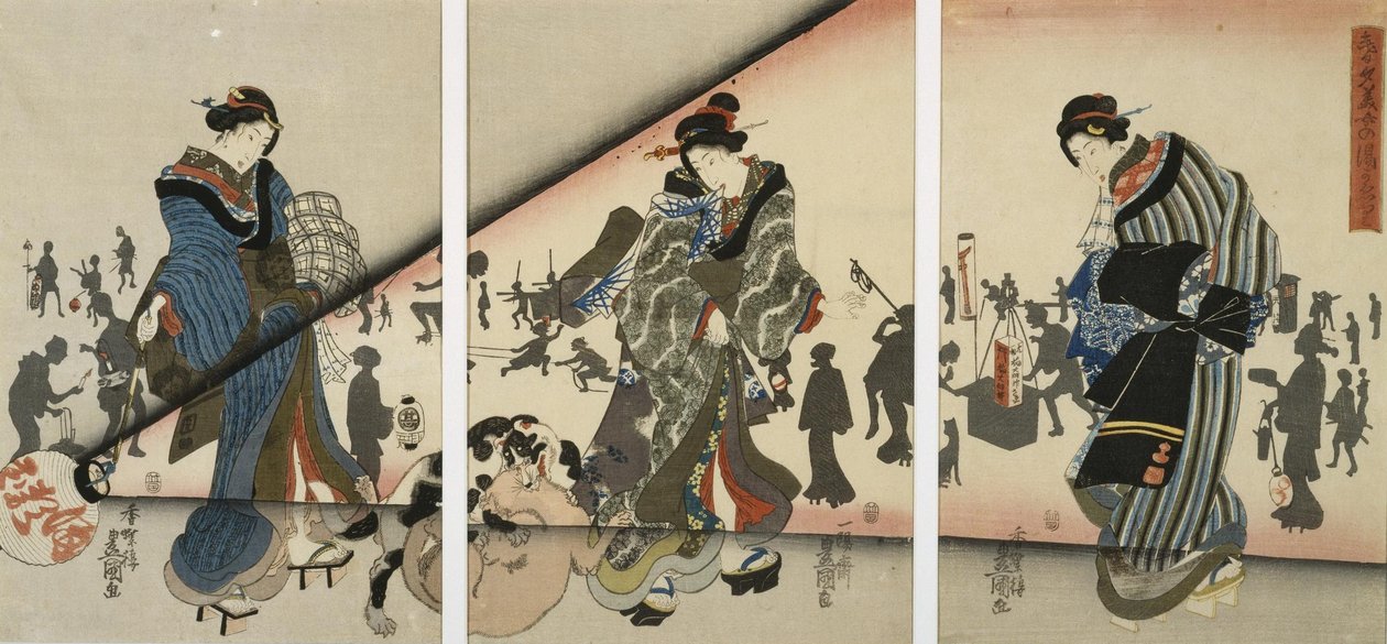 Nattbilde med jenter, dyr og lykter av Utagawa Kunisada