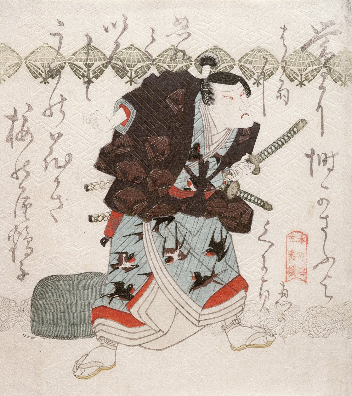Onoe Kikugoro III som Nagoya Sanza i Saya-ate-scenen (scabbards clashards), ca. 1827-30 (farget treblokktrykk) av Utagawa Kunisada