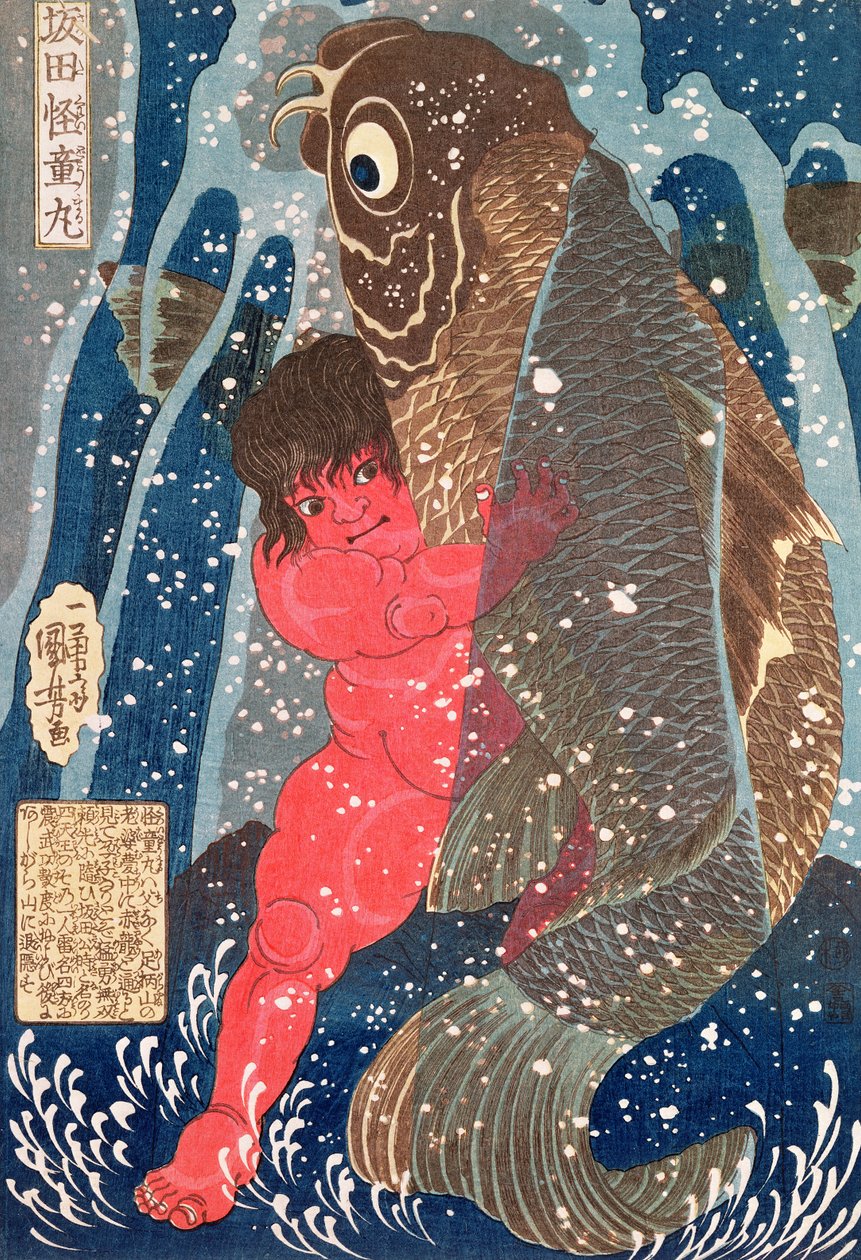 Kintoki svømmer opp fossen (treblokktrykk) (se også 100501) av Utagawa Kuniyoshi