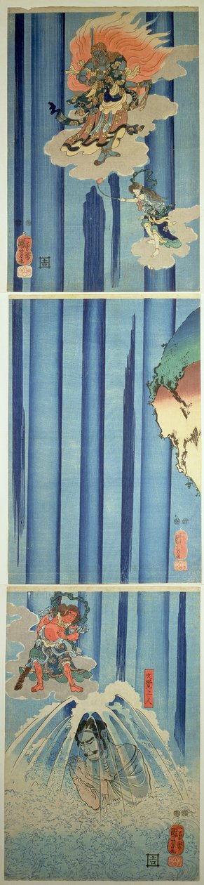 Mongaku Shonin under fossen, ca. 1851 (vertikal triptyk) av Utagawa Kuniyoshi