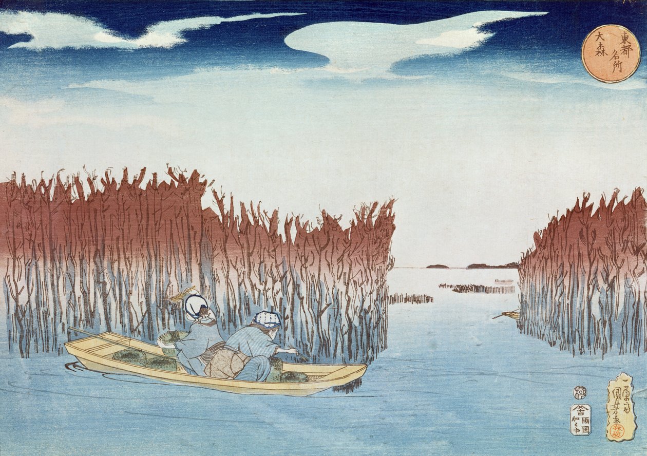 Seaweed Gatherers at Omari, fra serien "Famous Views of the Eastern Capital", pub. av Kagaya Kichibei, ca. 1833, (treblokktrykk i farger) av Utagawa Kuniyoshi