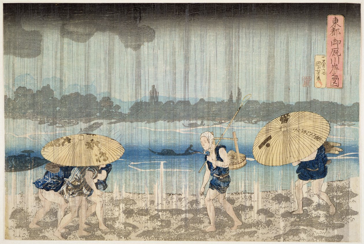 Dusj på bredden av Sumida-elven ved Ommaya Embankment i Edo, ca. 1834 (treblokktrykk) av Utagawa Kuniyoshi