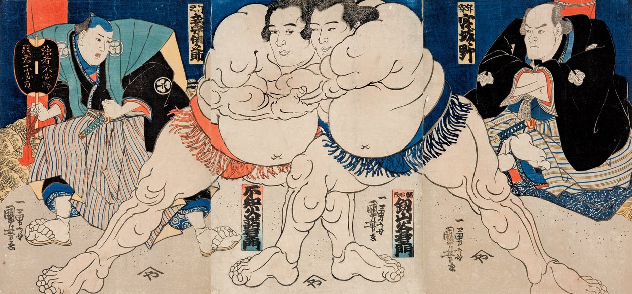 Sumobryterne Shiranui Dakuemon (midt til venstre), Tsurugizan Taniemon (midt til høyre) med dommer ... av Utagawa Kuniyoshi