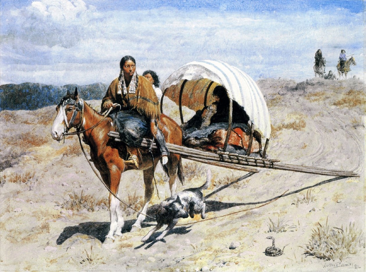 Indian Crow Family on the Trail, 1874 (wc, ouache og blekk på papir) av Valentine Walter Lewis Bromley
