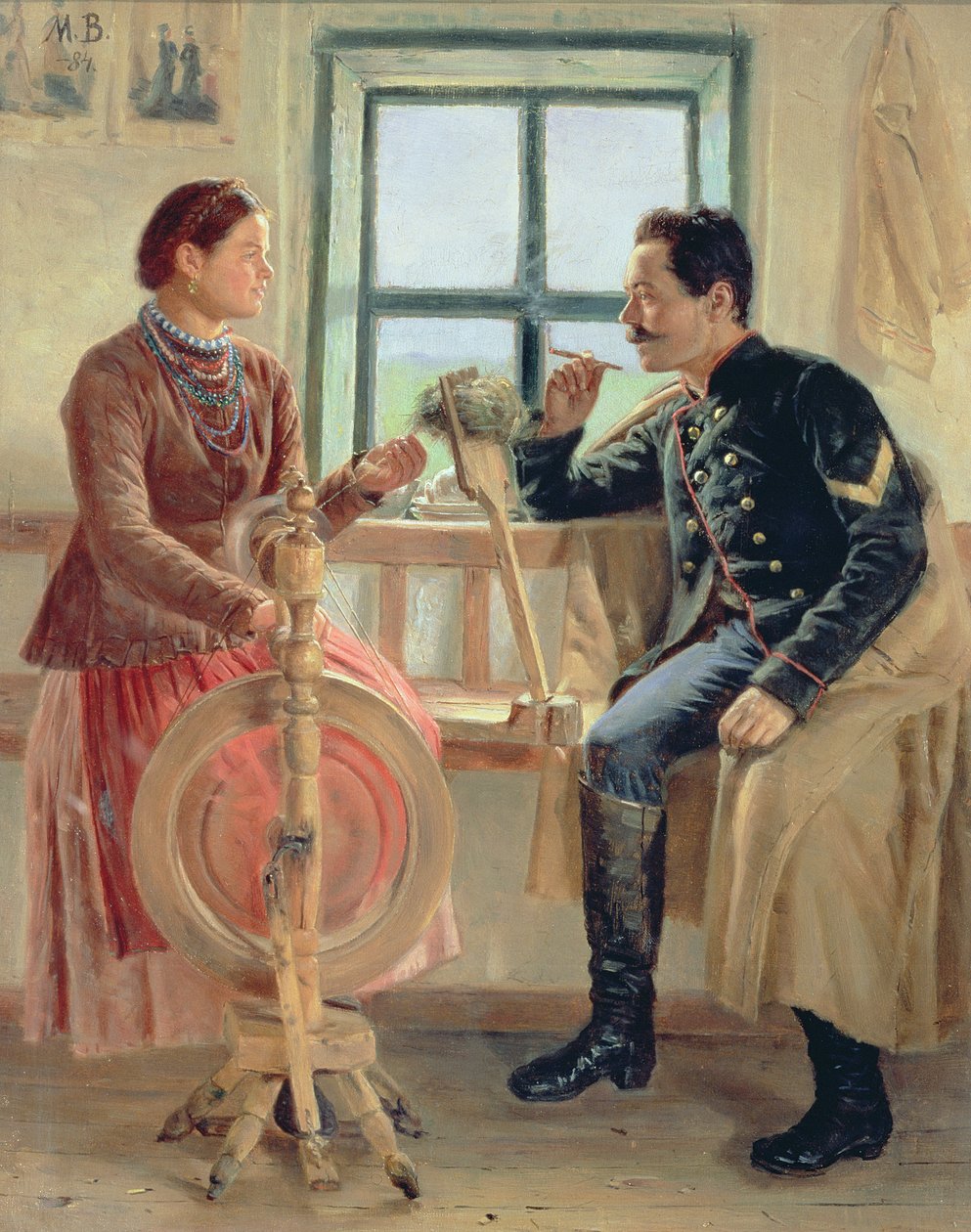 Snakk ved spinnehjulet, 1884 av Vasilev Mikhail Nikolaevich