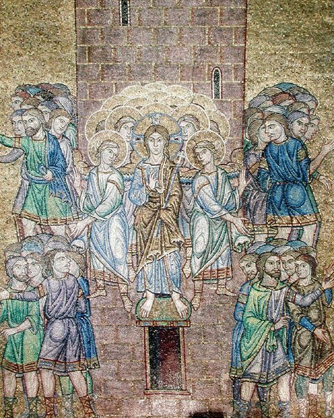 Babelstårnet, detalj av Kristus og helgener som sprer arbeiderne av Byzantine School