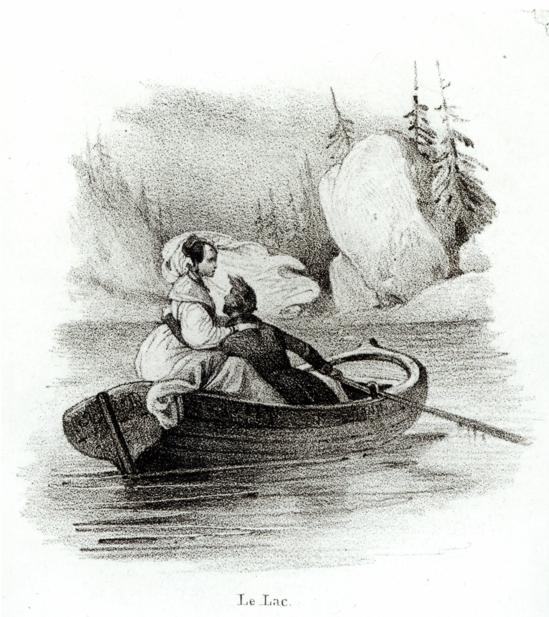 Alphonse de Lamartine (1790-1869) og Elvire på innsjøen ved Bourget, gravert av Alfred Lemercier av Victor Adam