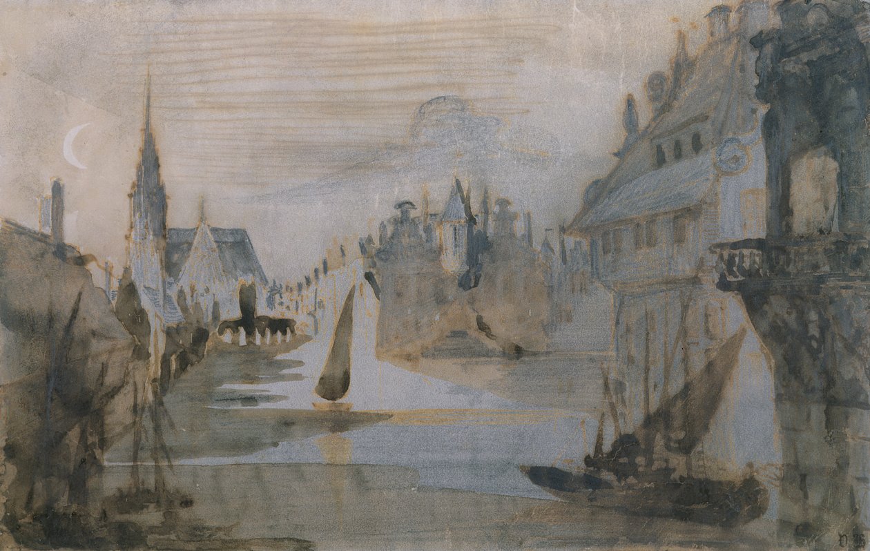 En havn i Flandern (penn og blekk, blyant og vask på papir) av Victor Hugo
