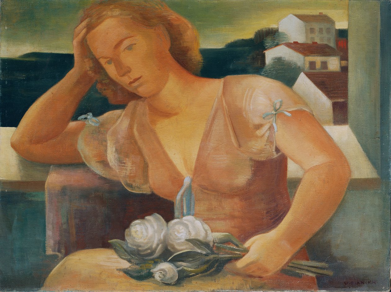 Kunstnerens kone med blomster av Viktor Planckh