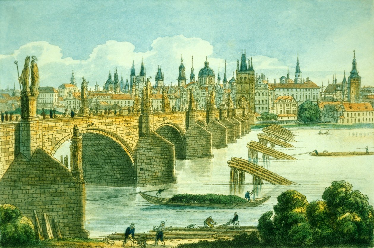 Prahas gamleby fra Kampa Island, ca. 1830 (farget etsning) av Vincenc Morstadt