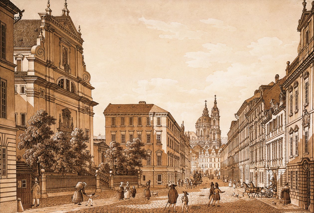 Utsikt over Karmelitská-gaten mot St. Nicholas-kirken, Praha (penn og blekk med wc på papir) av Vincenc Morstadt