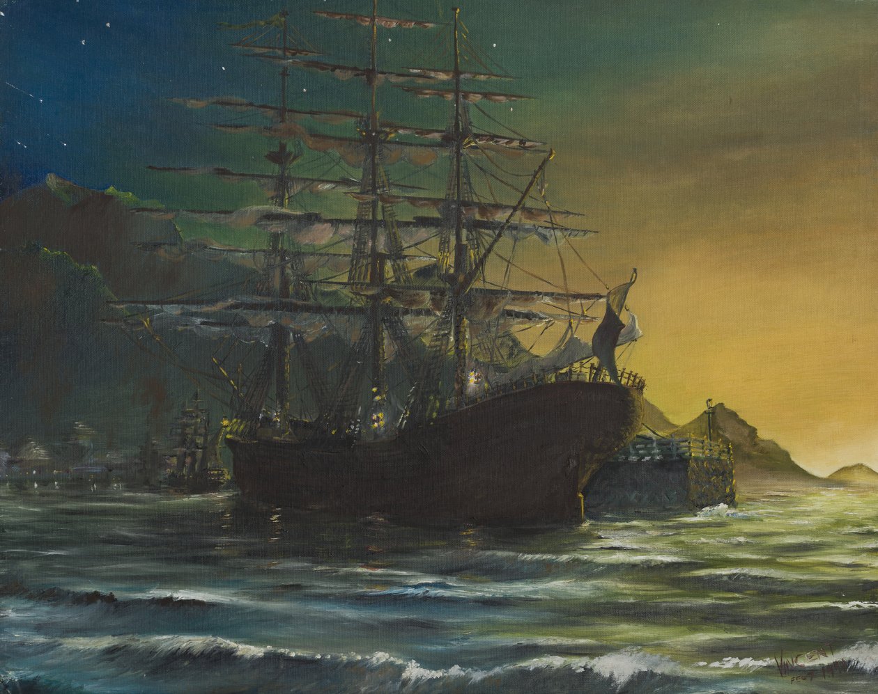 Clipper-skip i havn 1860-tallet, 1991, (olje på lerretstavle) av Vincent Alexander Booth