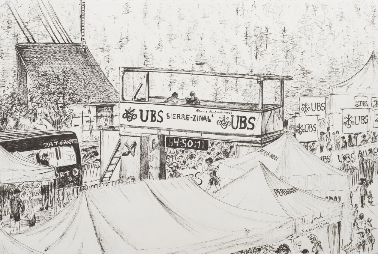 Sierre til Zinal Mountain Race, The Finish 2012. (Blekk på papir) av Vincent Alexander Booth