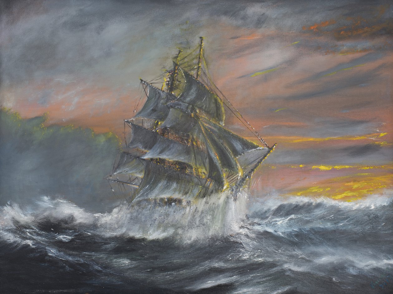 Terra Nova i voldsom kuling ved daggry 2. desember 1910, 2007, (Olje på lerret) av Vincent Alexander Booth