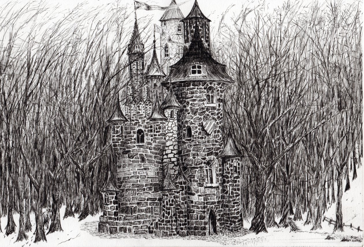 The Castle in the Forest of Findhorn, 2006, (blekk på papir) av Vincent Alexander Booth