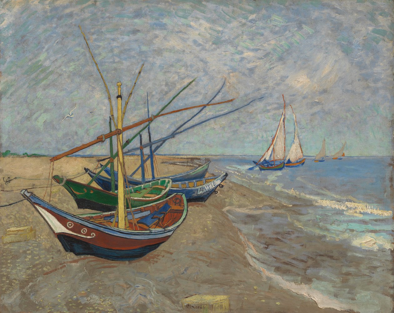 Fiskebåter på stranden i Les Saintes-Maries-de-la-Mer av Vincent van Gogh