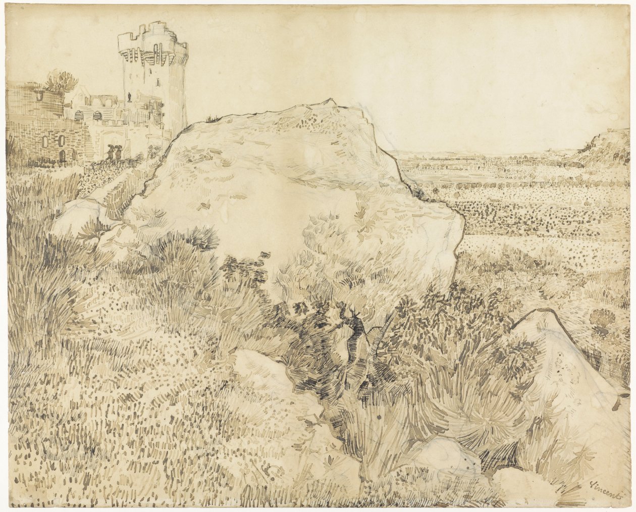 Landskap ved Montmajour Abbey i Arles, 1888 (penn på papir) av Vincent van Gogh