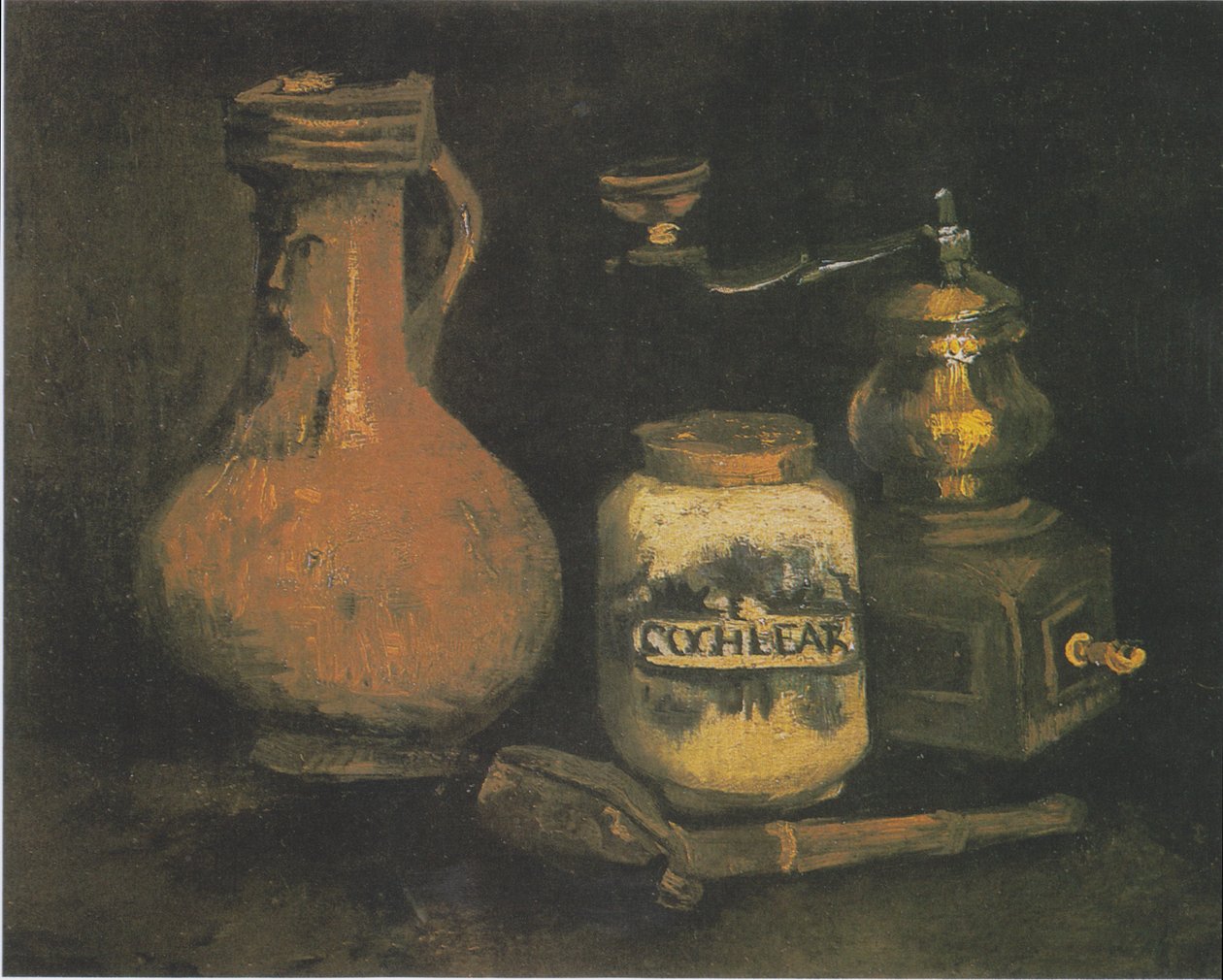 Stilleben med et Bartmann -krus, kaffekvern og pipekasse av Vincent van Gogh