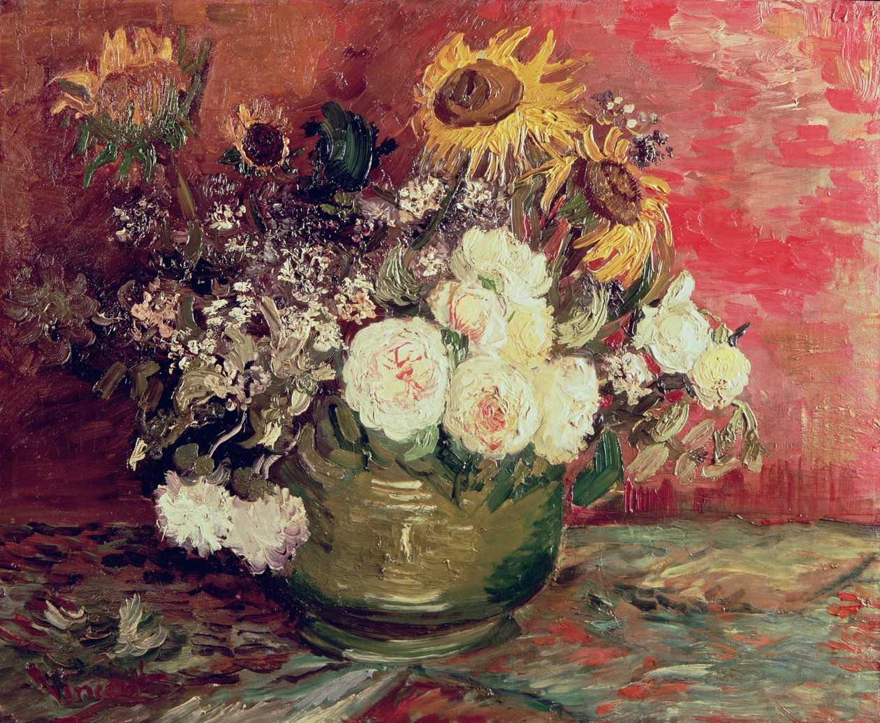 Solsikker, roser og andre blomster i en bolle, 1886 av Vincent van Gogh