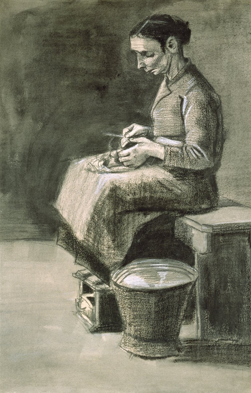 Kvinne som skreller poteter, 1882 (svart kritt og vask forhøyet med hvitt på papir) av Vincent van Gogh