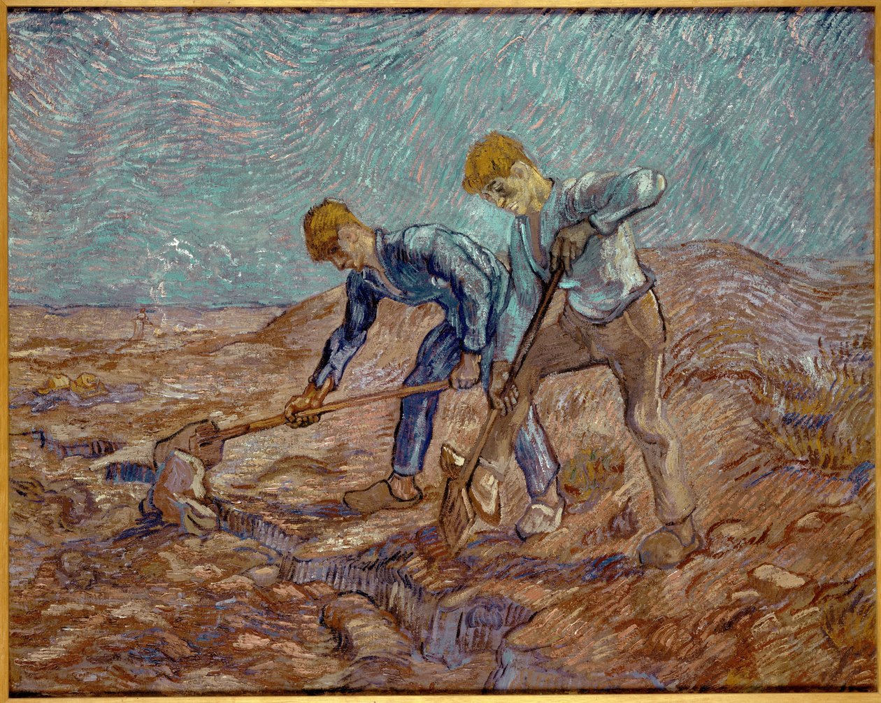 To bønder graver etter hirse, 1889. av Vincent van Gogh