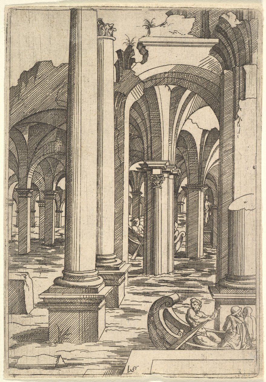 Båter rodde gjennom oversvømmede ruiner, ca. 1550-62. av Virgil Solis