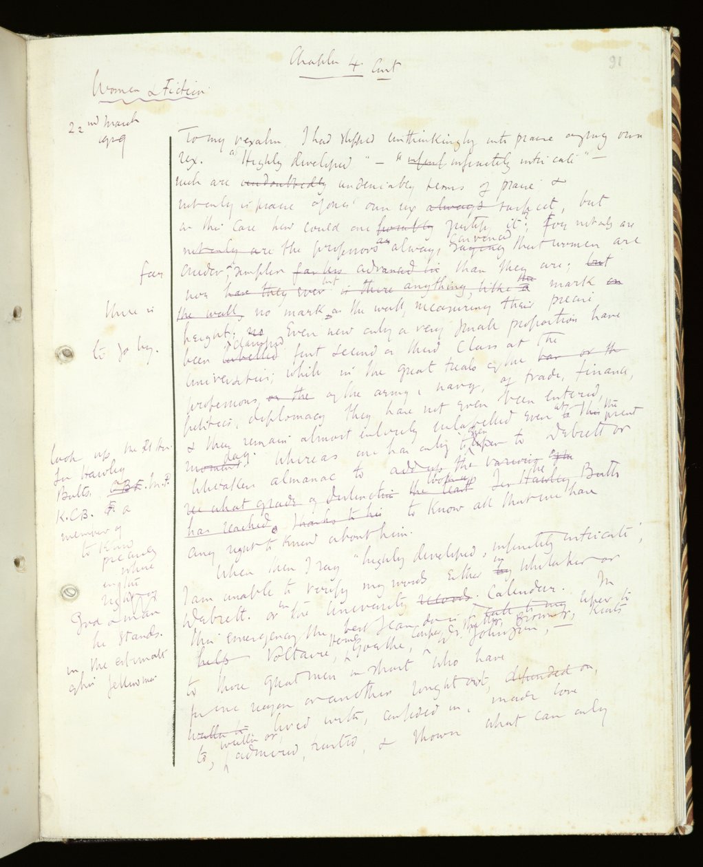 Ms 1-1942, s.91 Side fra Women in Fiction, utgitt som A Room of Ones Own, 1929 (blekk på papir) av Virginia Woolf