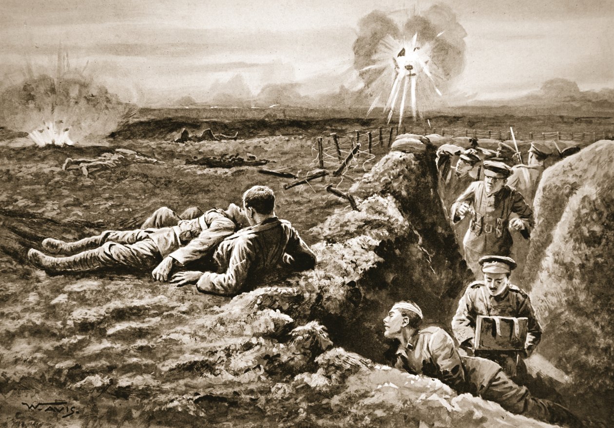 Lance-Corporal Tombs som drar tilbake en hardt såret mann ved hjelp av en rifleslynge plassert rundt hans egen hals og mannens kropp av W. Avis