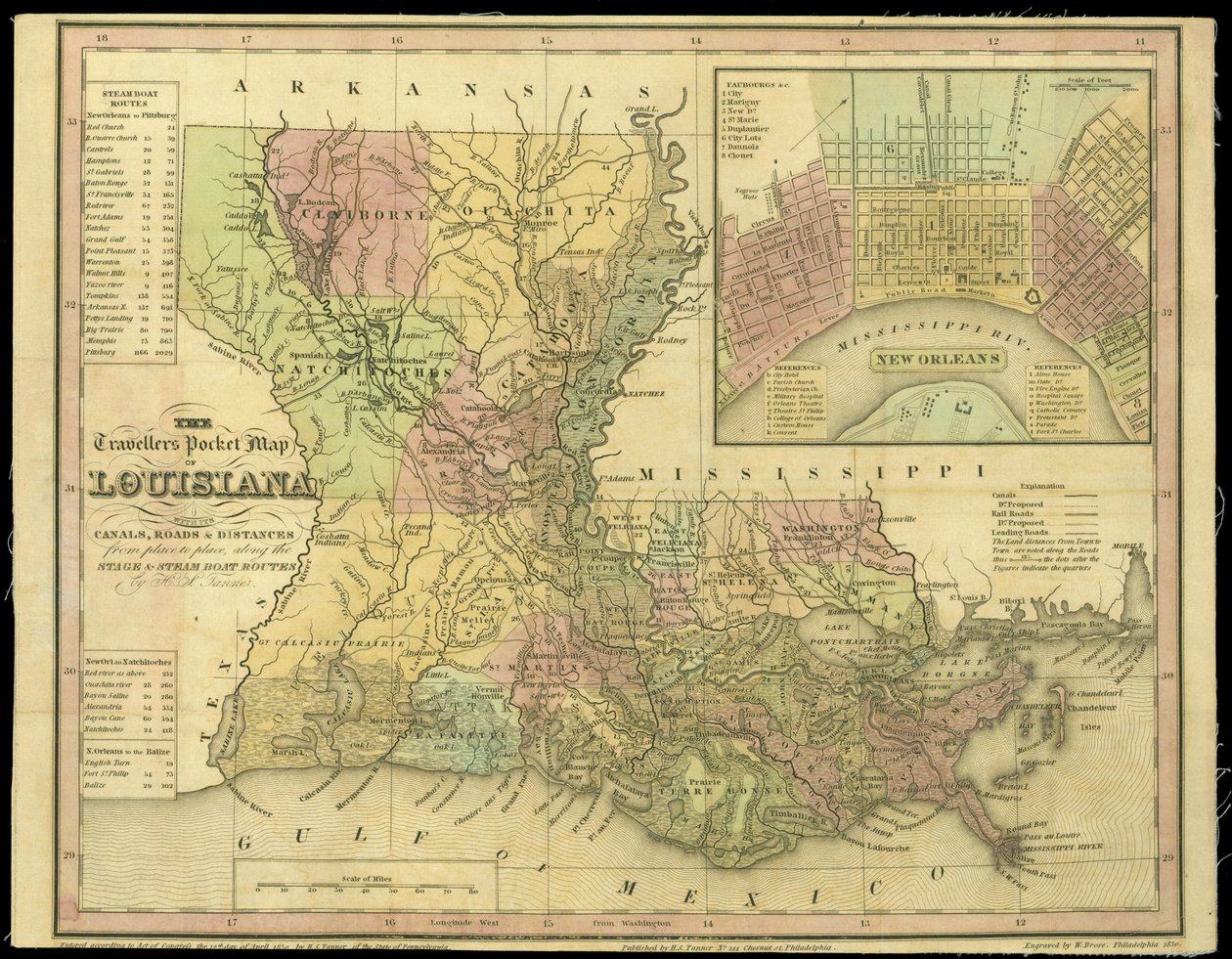 The Travellers Pocket Map of Louisiana, utgitt i 1830 av W. Brose