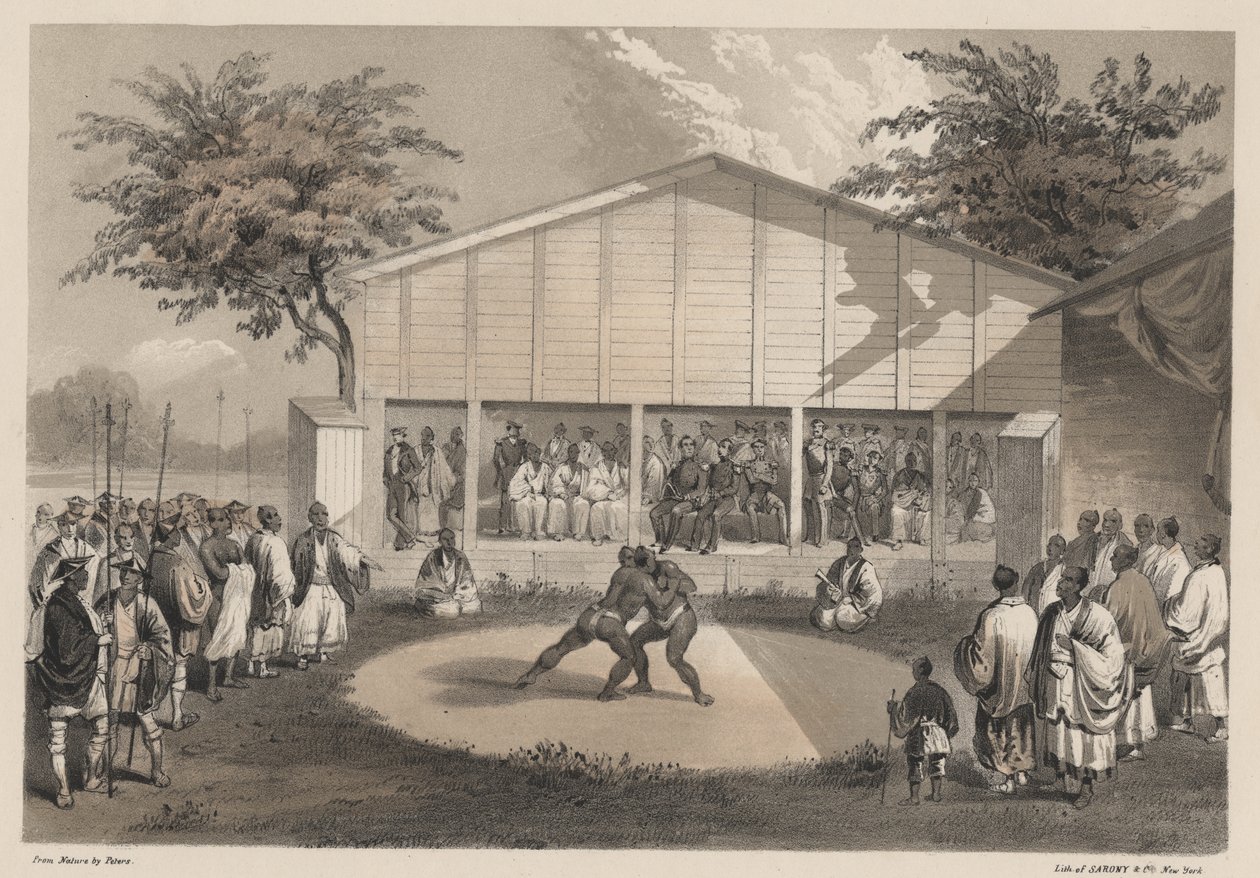 Wrestlers at Yokuhama, medlemmer av Sarony und Co., 1855 (chromolitho) av W. T. Peters