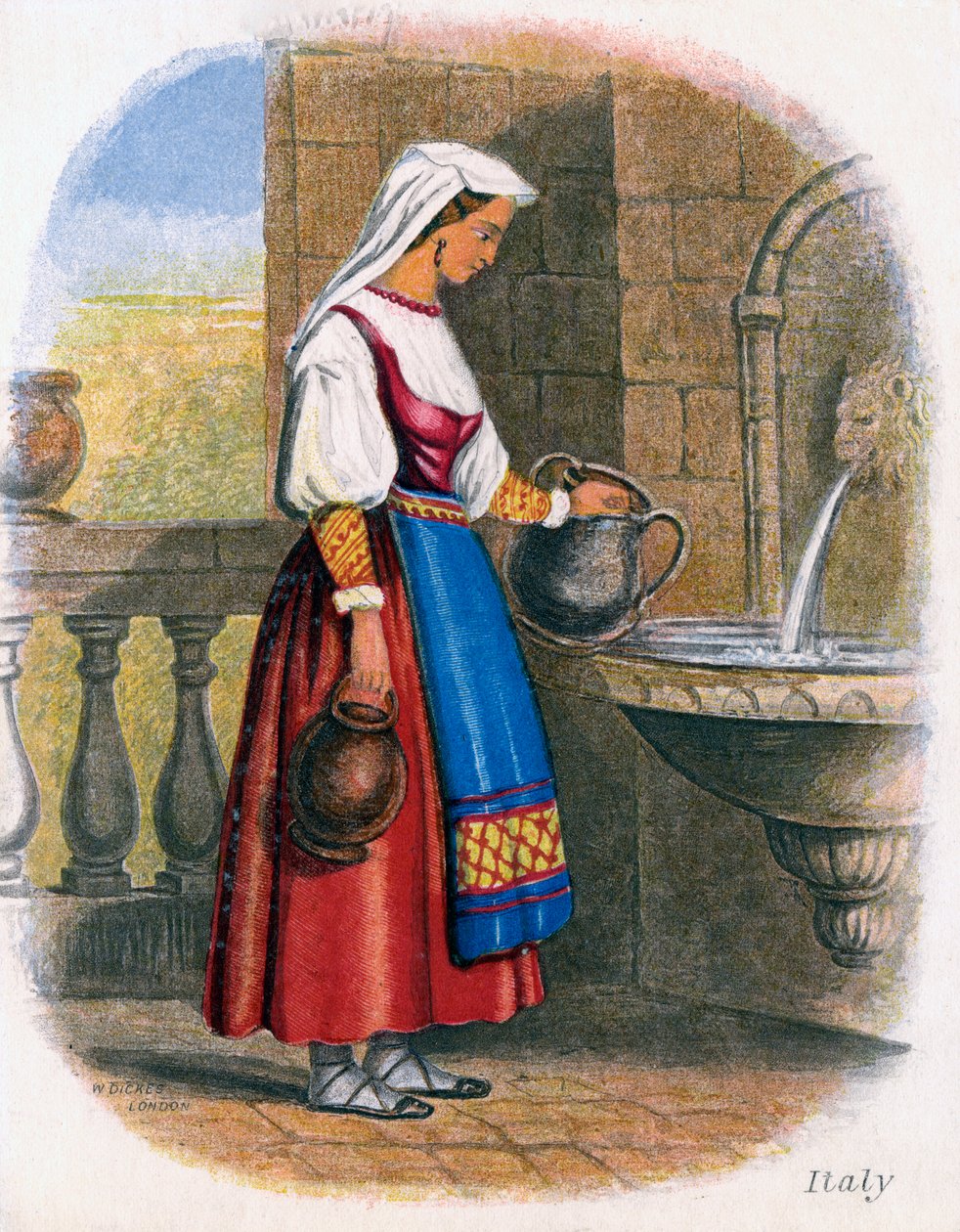 Italiensk kvinne som samler vann, 1809. av W. Dickes