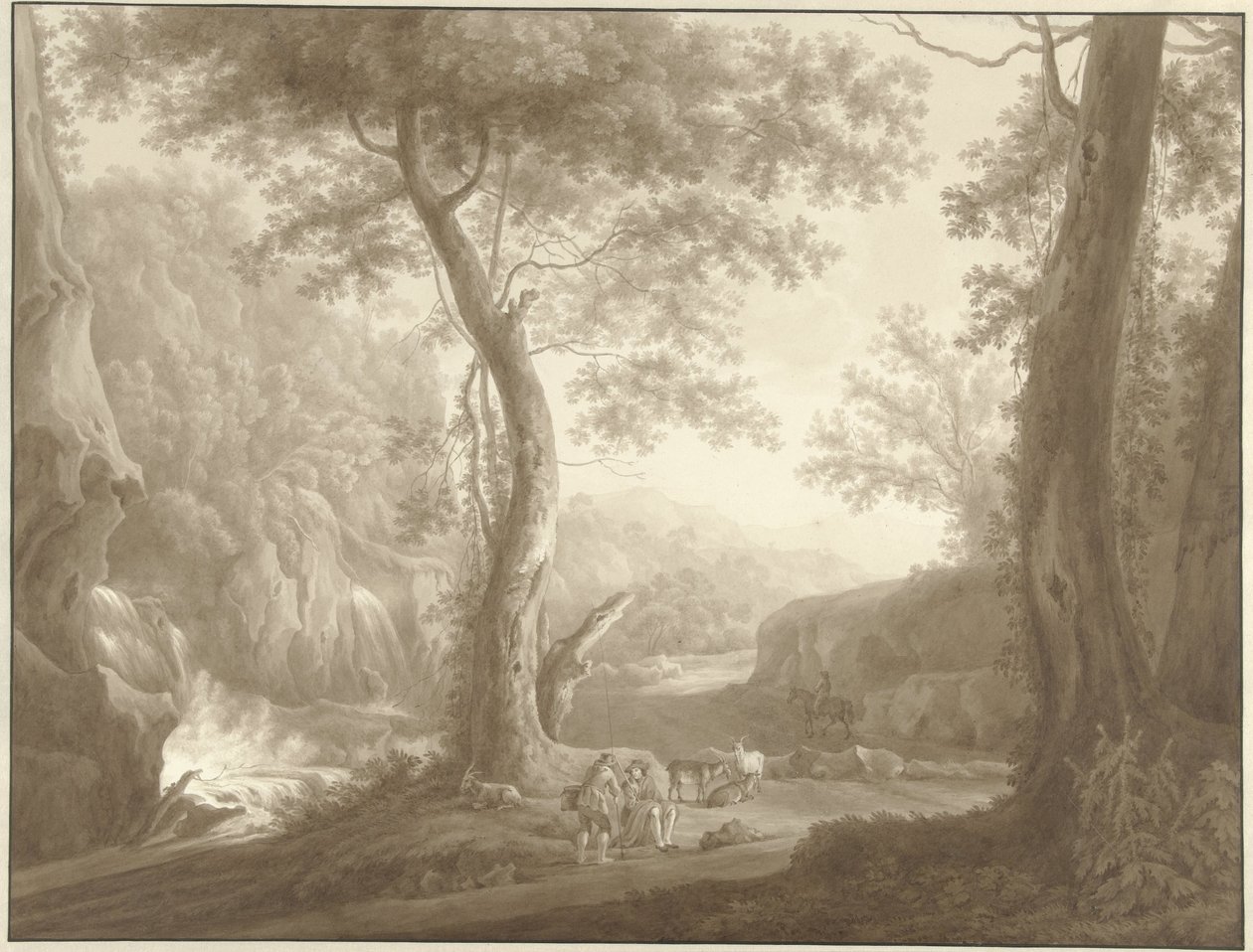 Fjelllandskap med geitegjeter og reisende av W. Regnu (possibly)