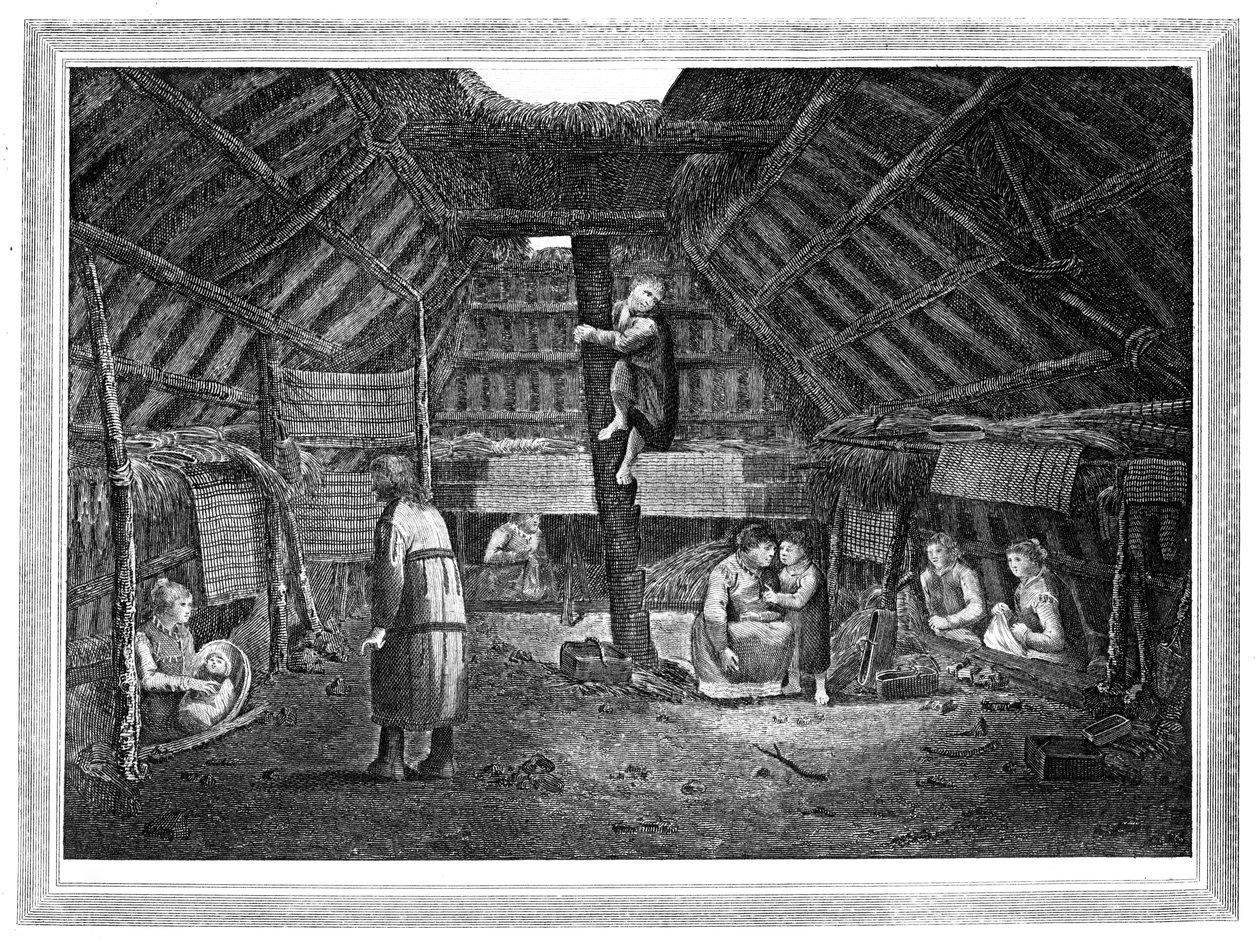 Innsiden av et hus i Oonalashka, c1776-1779. av Walker