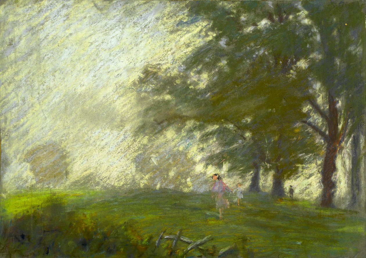 En ung jente som hopper i en lysning (pastell på papir) av Walter Bonner Gash