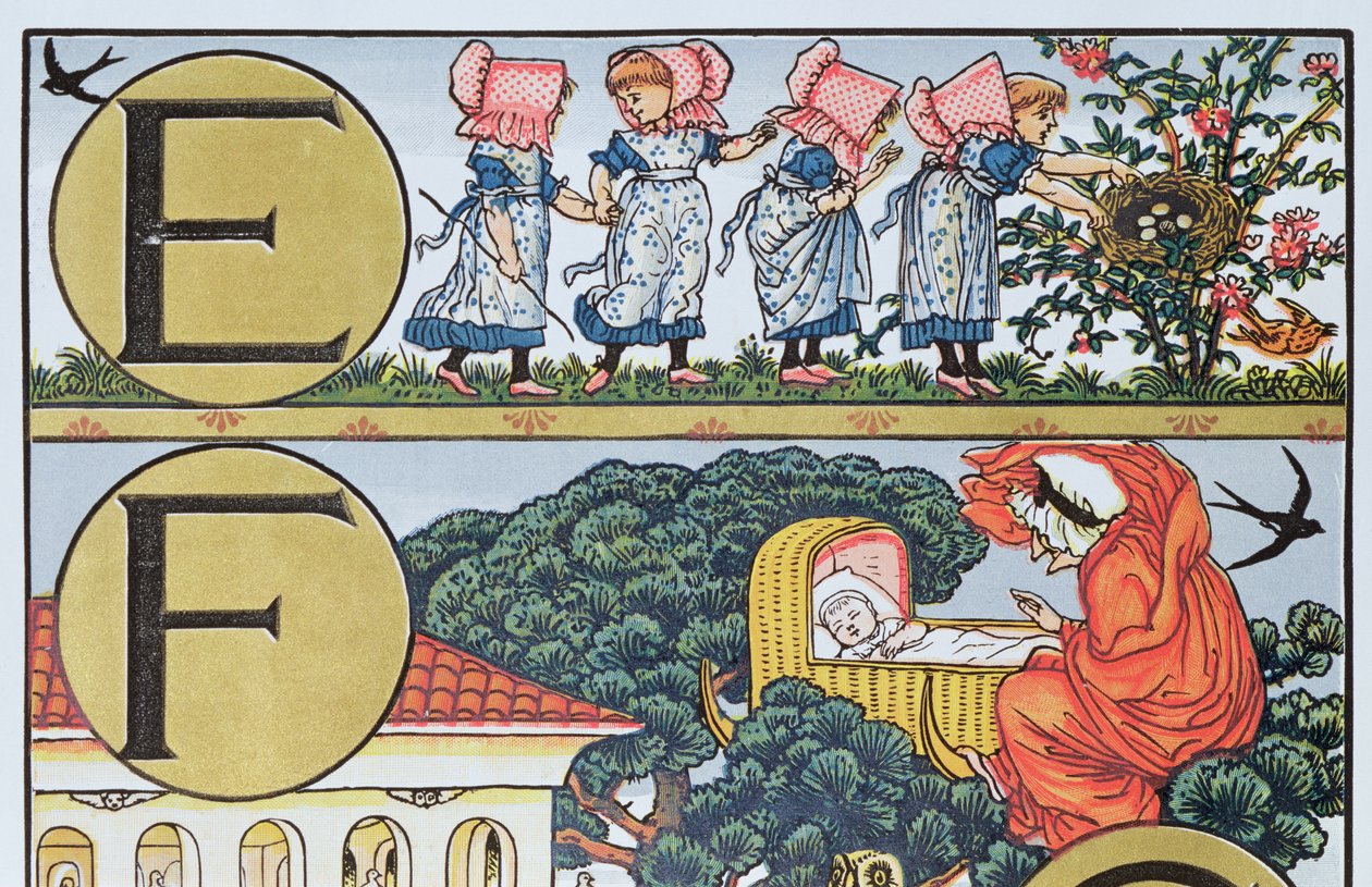 E-F, fra et alfabet basert på Nursery Rhymes (fargegravering) av Walter Crane