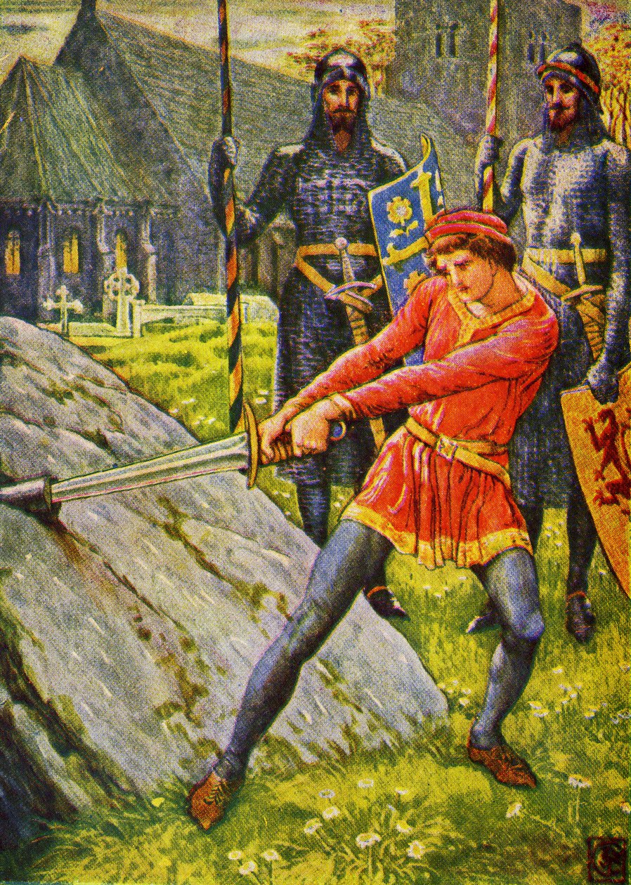 Kong Arthur trekker sverdet fra steinen. av Walter Crane