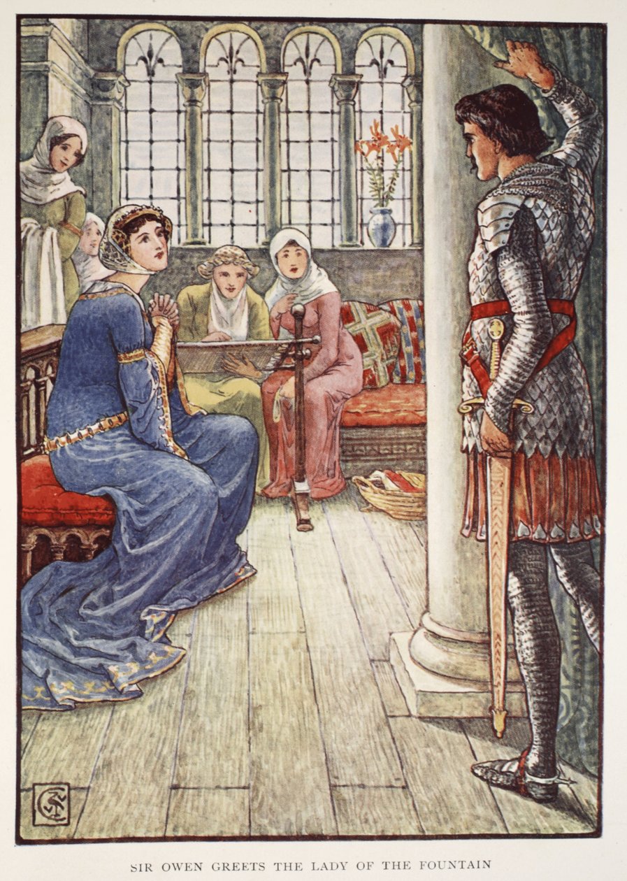 Sir Owen Greets the Lady of the Fountain, fra 'Stories of the Knights of the Round Table' av Henry Gilbert, første utgave, 1911 av Walter Crane